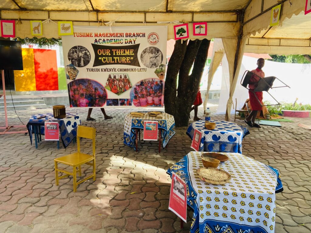 The stage set for the day's theme, 'Culture', with display tables ready for visitors.