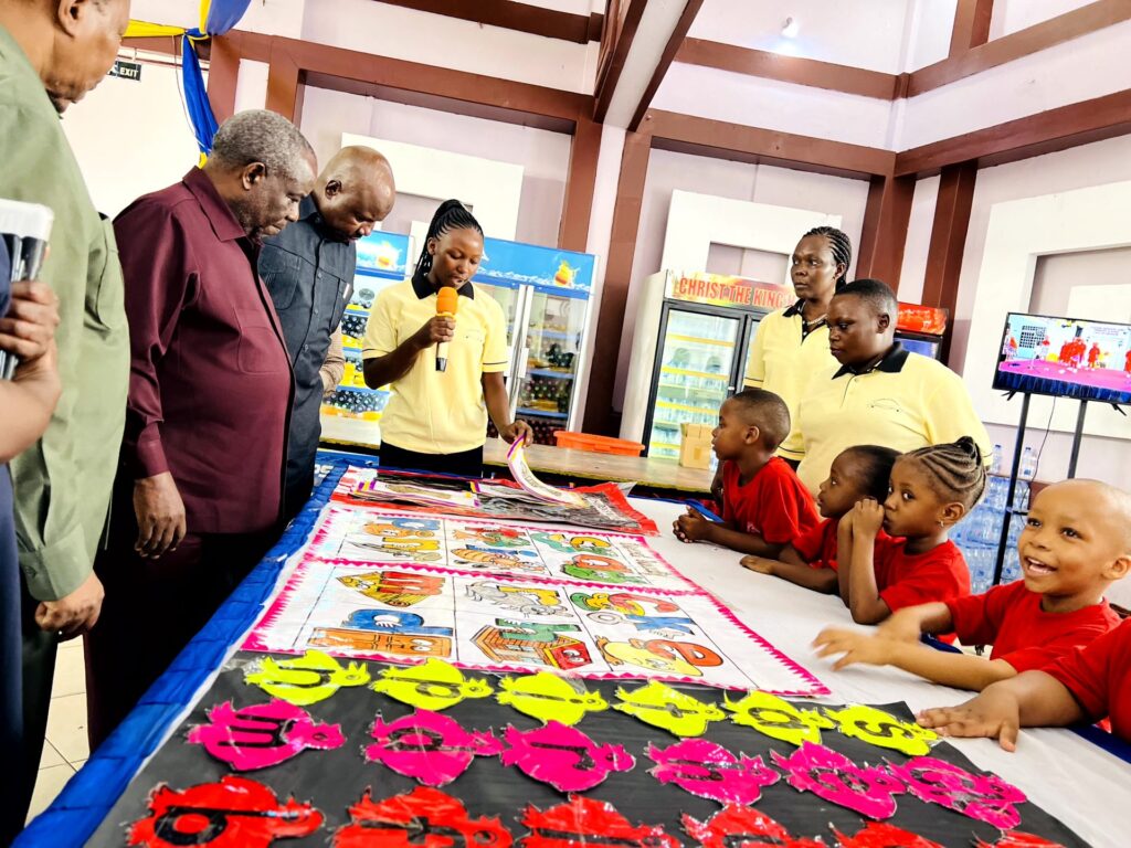 Guests of honour tour the pupils' learning displays