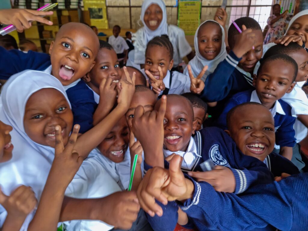 Break-time cheer in the classroom.