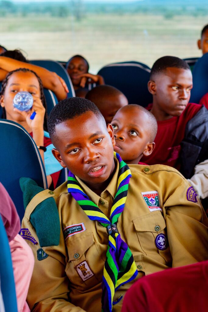 On the road - scouts settle in for the journey to Mikumi.