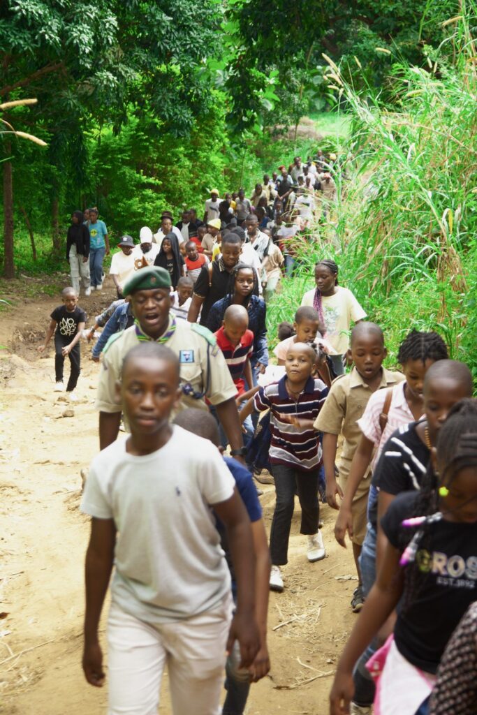 Single file down the forest trail.